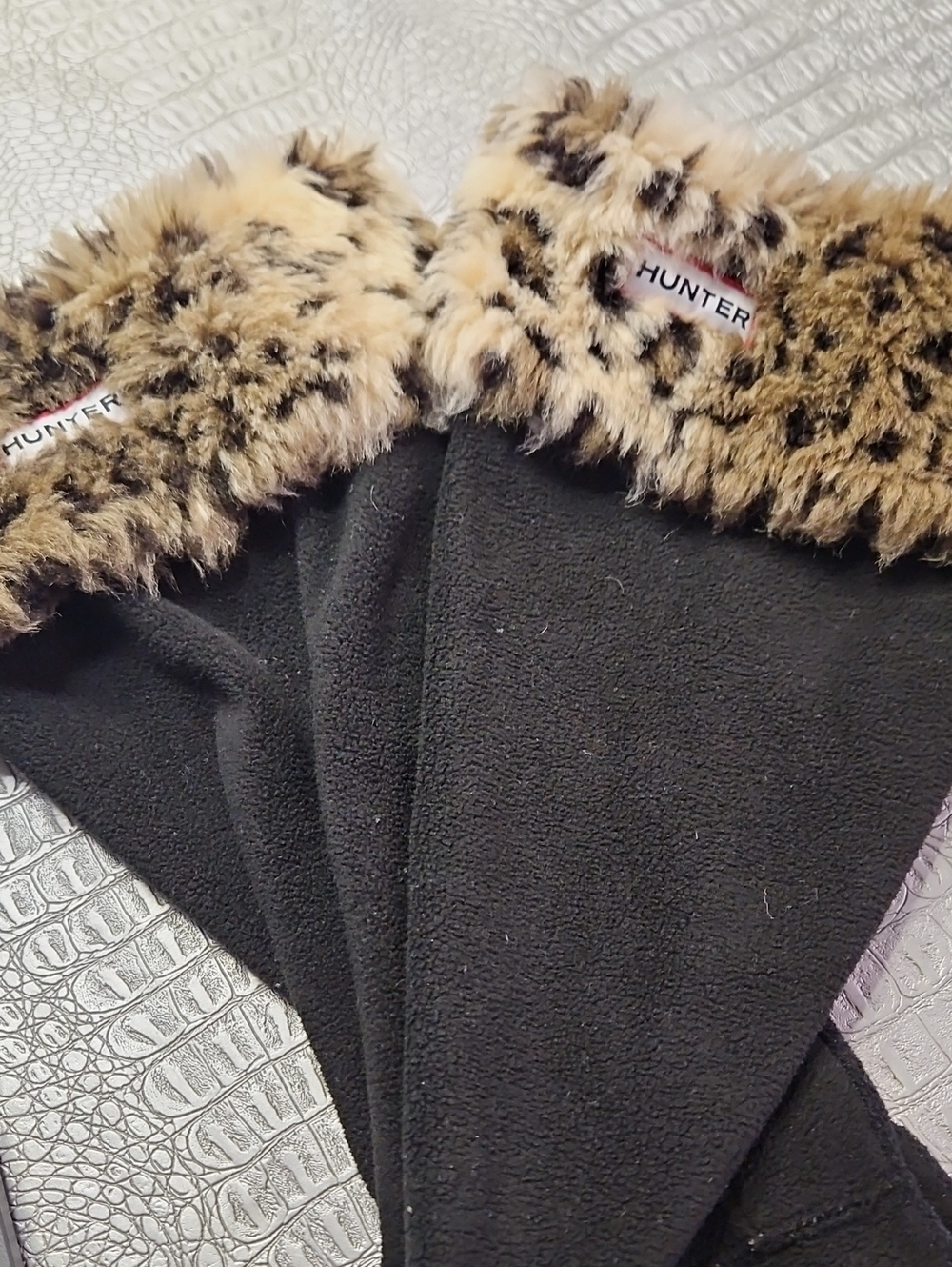 Hunter Black Fleece Boot Socks with Leopard Faux Fur Trim